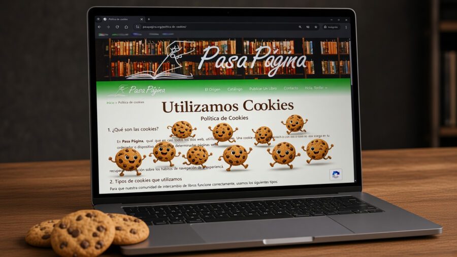 Portátil abierto con pasapagina.org en pantalla y unas galletas